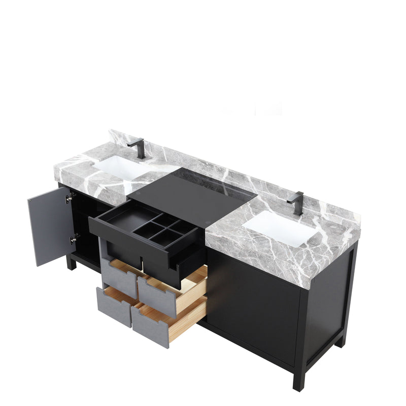 Lexora Zilara 80" Black and Grey Double Vanity, Castle Grey Marble Tops, White Square Sinks, and Balzani Gun Metal Faucet Set - LZ342280DLISFBG