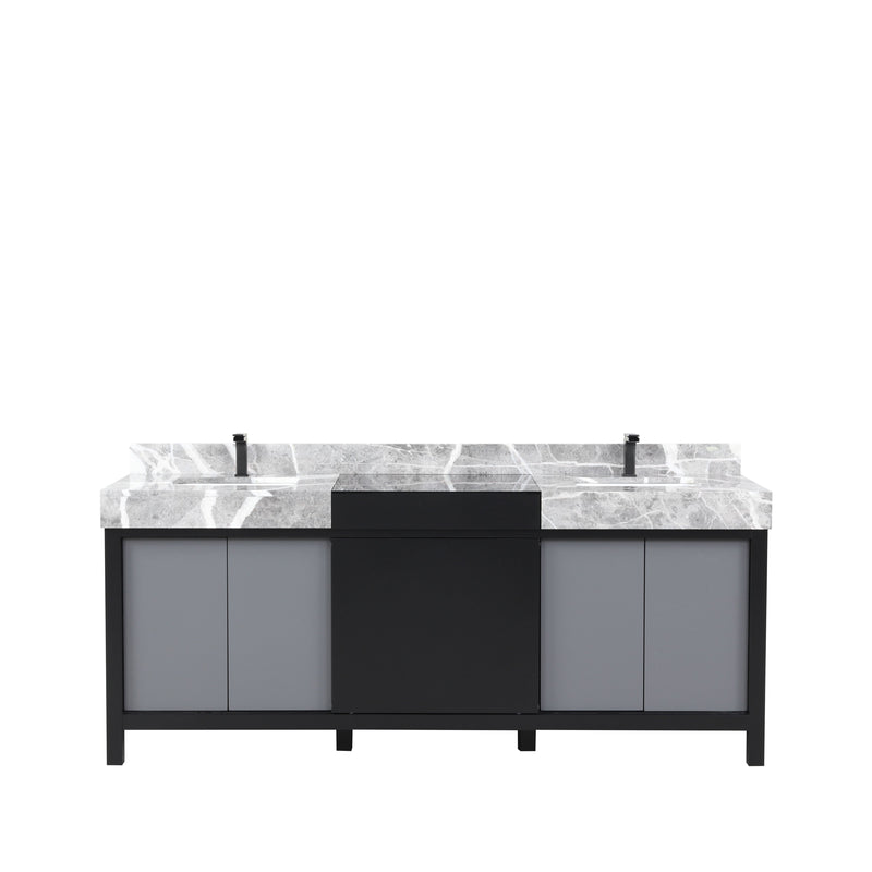 Lexora Zilara 80" Black and Grey Double Vanity, Castle Grey Marble Tops, White Square Sinks, and Balzani Gun Metal Faucet Set - LZ342280DLISFBG