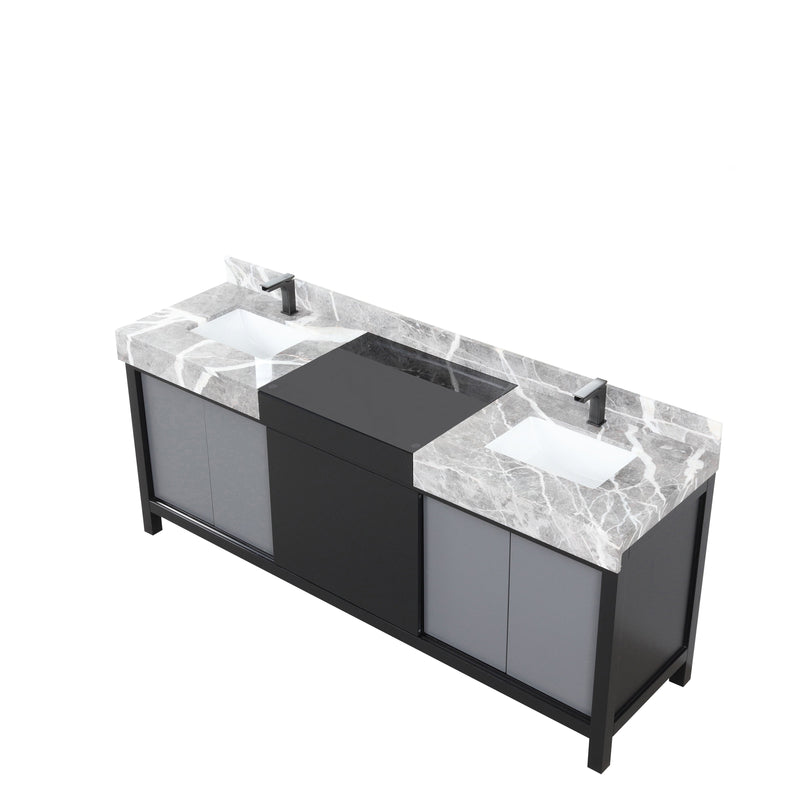 Lexora Zilara 80" Black and Grey Double Vanity, Castle Grey Marble Tops, White Square Sinks, and Balzani Gun Metal Faucet Set - LZ342280DLISFBG