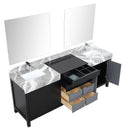 Lexora Zilara 84" Black and Grey Double Vanity, Castle Grey Marble Tops, White Square Sinks, Monte Chrome Faucet Set, and 34" Frameless Mirrors - LZ342284DLISM34FBG