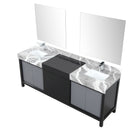 Lexora Zilara 84" Black and Grey Double Vanity, Castle Grey Marble Tops, White Square Sinks, Monte Chrome Faucet Set, and 34" Frameless Mirrors - LZ342284DLISM34FBG