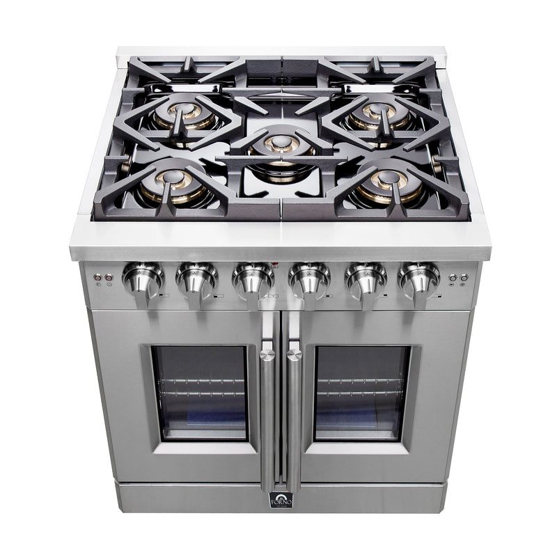 Forno 30″ Capriasca French Door Gas Range • 5 Sealed Dual-Ring Brass Burners • FFSGS6460-30