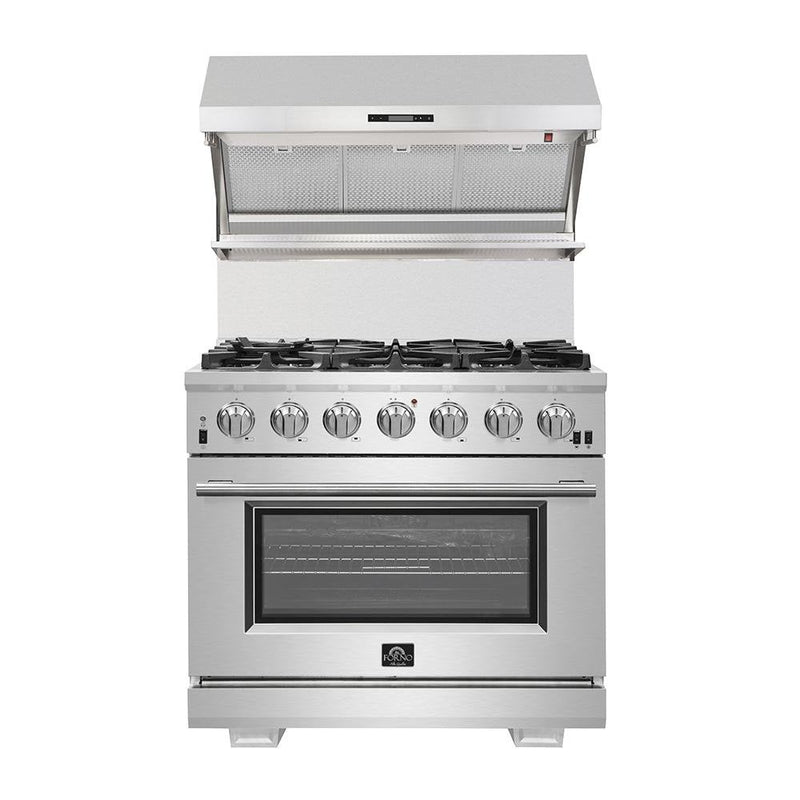 Forno Appliance Package - 36 Inch Dual Fuel Range, Range Hood, Refrigerator, Microwave Drawer, Dishwasher, Cooktop, FCTIN-FFSGS6156-36