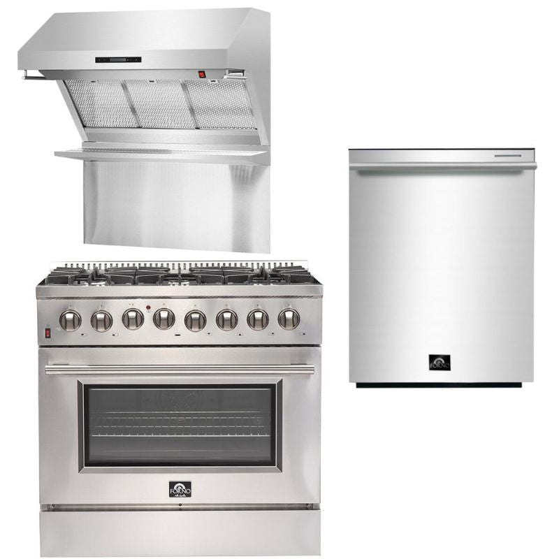 Forno Appliance Package - 36 Inch Dual Fuel Range, Wall Mount Range Hood, Dishwasher, FDWB-FFSGS6156-36