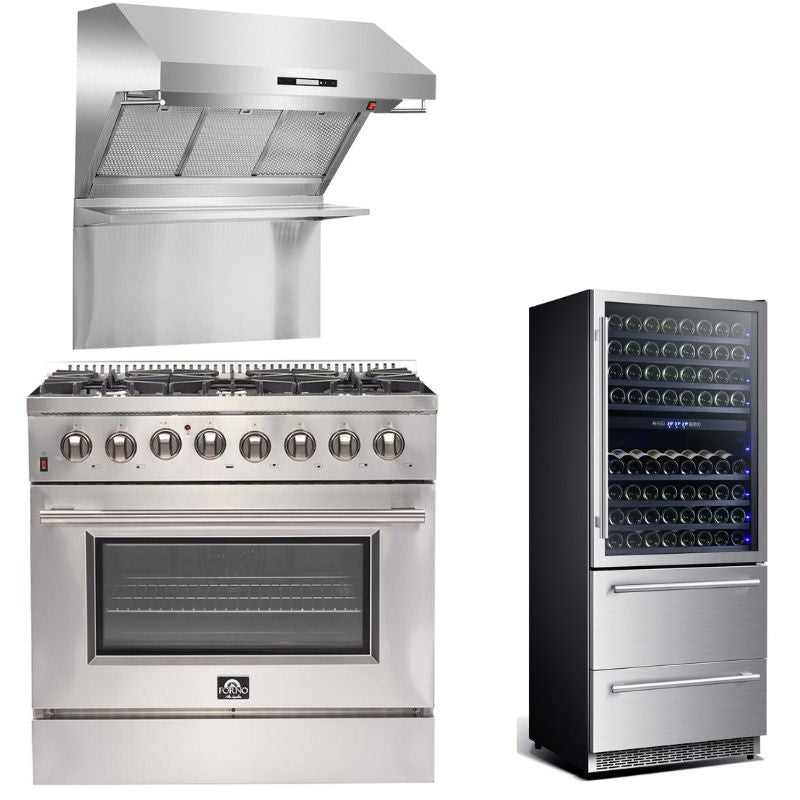 Forno Appliance Package - 36 Inch Dual Fuel Range, Wall Mount Range Hood, Wine Cooler, FWCDR-FFSGS6156-36