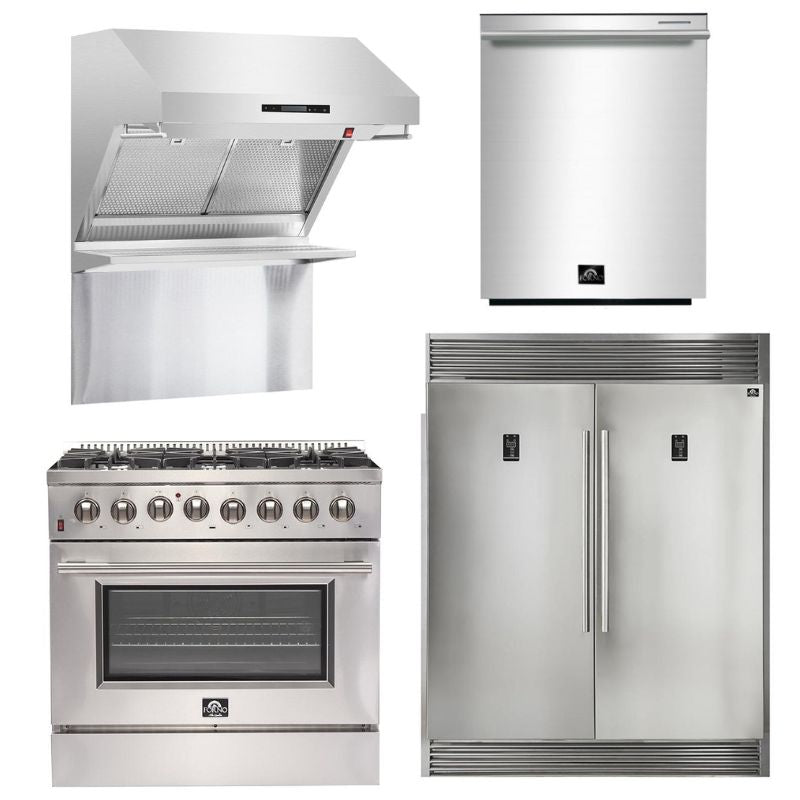 Forno Appliance Package - 36 Inch Gas Range, 60 Inch Refrigerator, Range Hood, Dishwasher, FRHWM-FFSGS6244-36