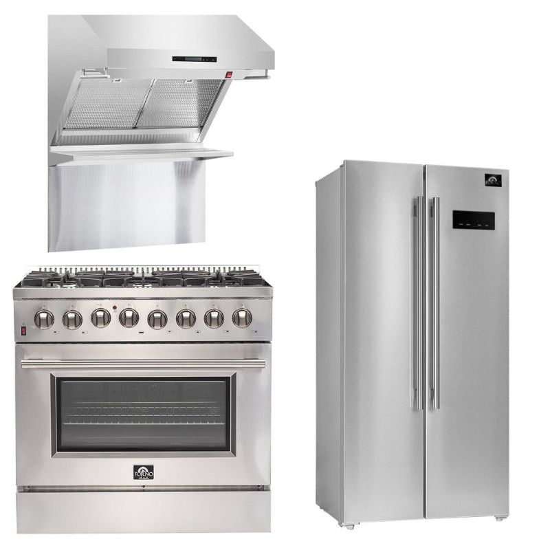 Forno Appliance Package - 36 Inch Gas Range, Wall Mount Range Hood, 33" Built-In Refrigerator, FFRBI-FFSGS6244-36