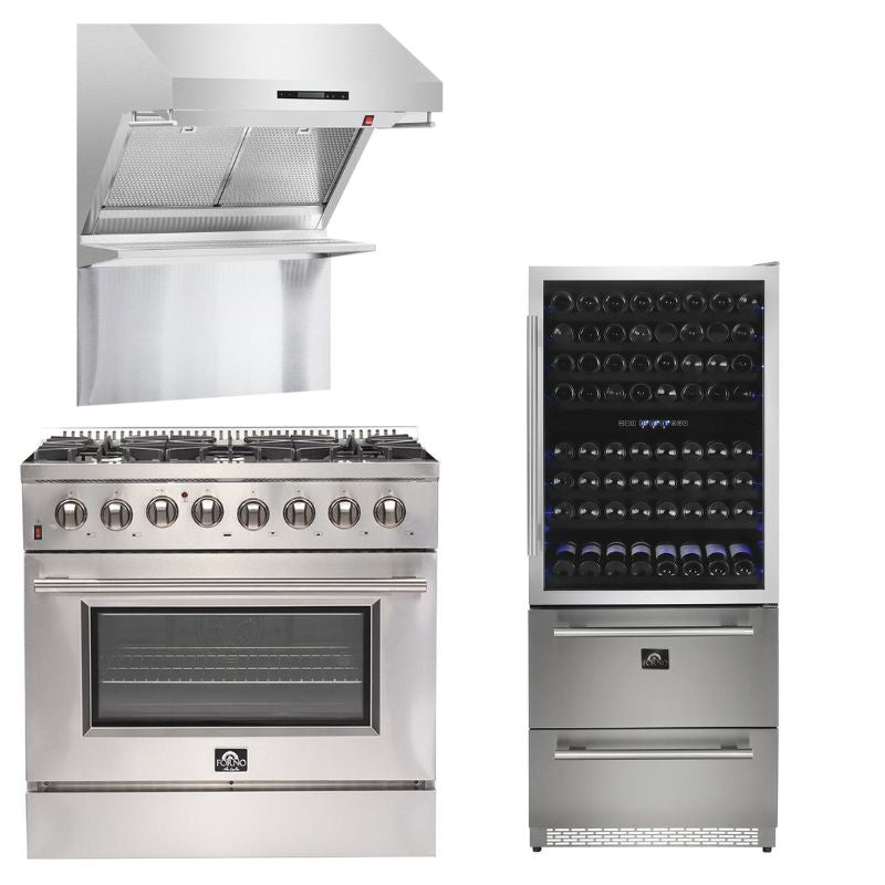 Forno Appliance Package - 36 Inch Gas Range, Wall Mount Range Hood, Microwave Drawer, 6661-FFSGS6244-36