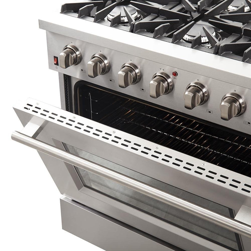 Forno Appliance Package - 36 Inch Gas Range, Wall Mount Range Hood, Microwave Drawer, Dishwasher, FWCDR-FRHWM5029-36