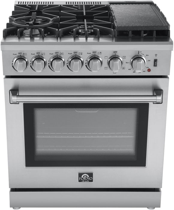 FORNO Lazio 30" Dual Fuel Range with 5 Burners, Air Fryer, Steam Cleaning, and Griddle FFSGS6196-30