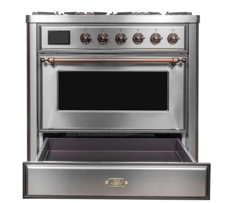 ILVE 36 Inch Majestic II Series Dual Fuel Natural Gas Range with 6 Burners and Griddle with 3.5 cu. ft. Oven Capacity TFT Oven Control Display (UM09FDNS3)