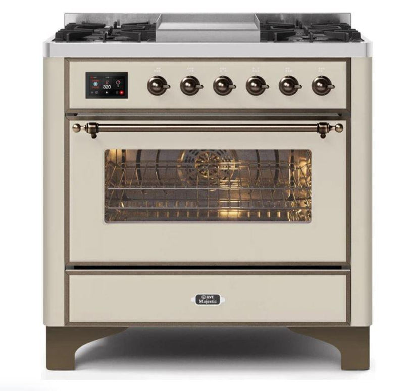 ILVE - Majestic II Series - 36 Inch Dual Fuel Freestanding Range Gas/Propane (UM09FDNS3) - Antique White with Bronze Trim