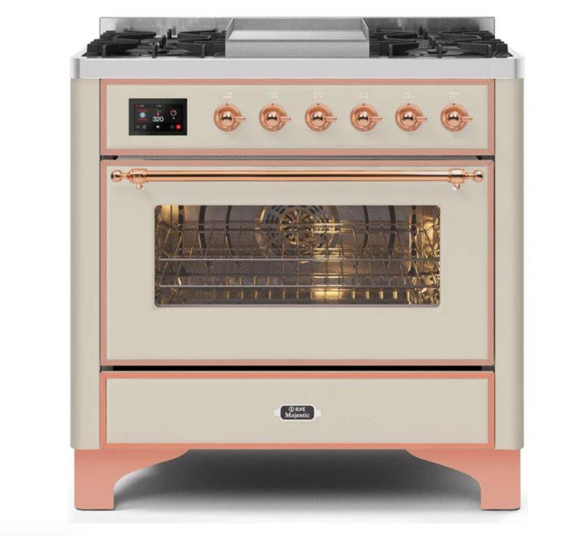 ILVE - Majestic II Series - 36 Inch Dual Fuel Freestanding Range Gas/Propane (UM09FDNS3) - Antique White with Copper Trim