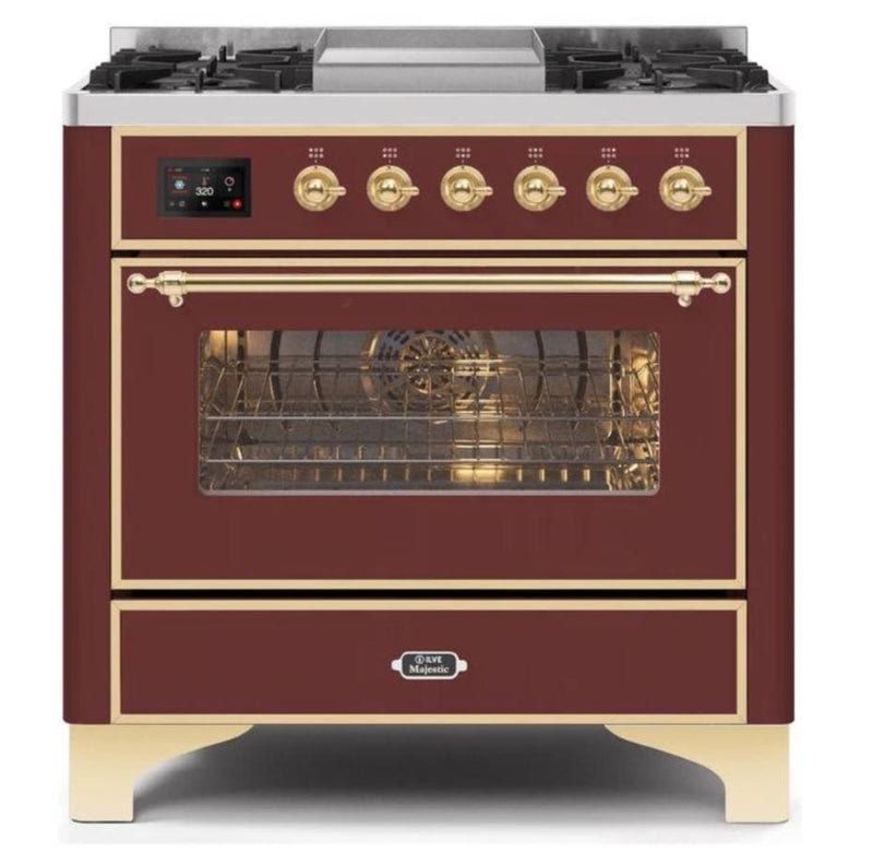 ILVE - Majestic II Series - 36 Inch Dual Fuel Freestanding Range Gas/Propane (UM09FDNS3) - Burgundy Brass Trim