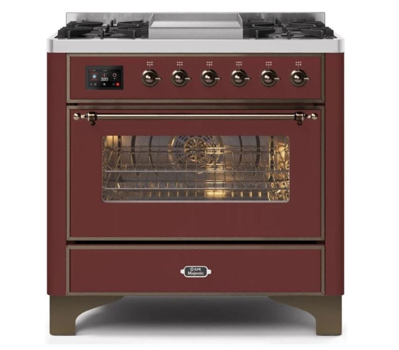 ILVE - Majestic II Series - 36 Inch Dual Fuel Freestanding Range Gas/Propane (UM09FDNS3) - Burgundy Bronze Trim