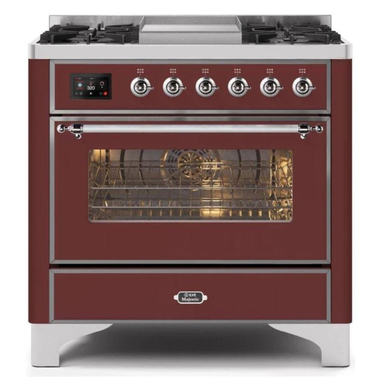 ILVE - Majestic II Series - 36 Inch Dual Fuel Freestanding Range Gas/Propane (UM09FDNS3) - Burgundy Chrome Trim