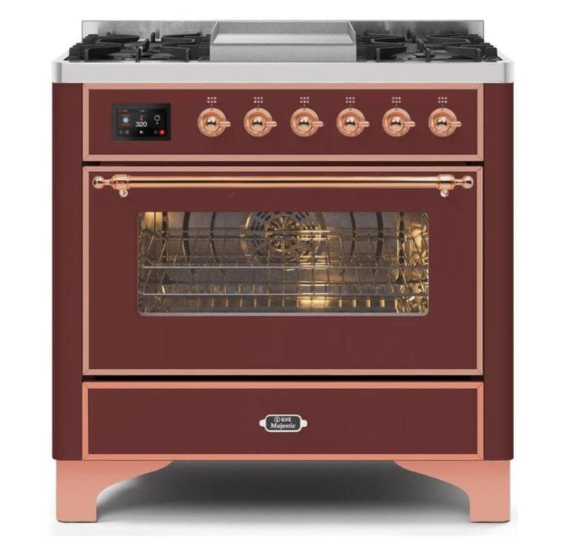 ILVE - Majestic II Series - 36 Inch Dual Fuel Freestanding Range Gas/Propane (UM09FDNS3) - Burgundy Copper Trim