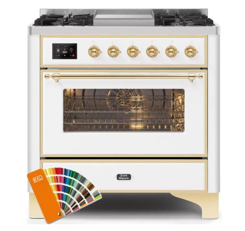 ILVE - Majestic II Series - 36 Inch Dual Fuel Freestanding Range Gas/Propane (UM09FDNS3) - Custom RAL Color Brass Trim