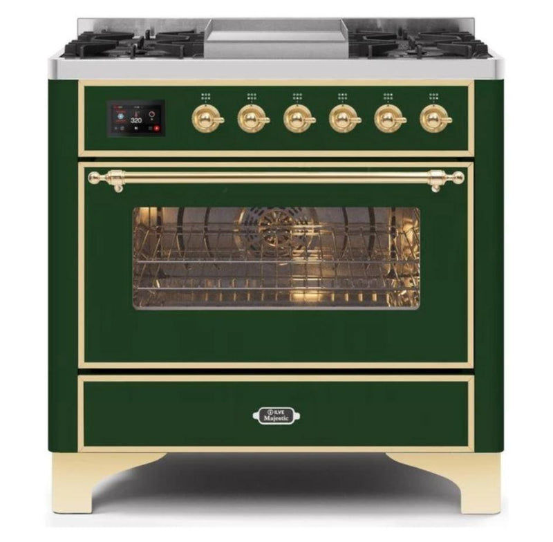 ILVE - Majestic II Series - 36 Inch Dual Fuel Freestanding Range Gas/Propane (UM09FDNS3) - Emerald Green Brass Trim