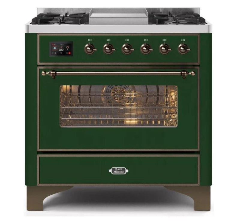 ILVE - Majestic II Series - 36 Inch Dual Fuel Freestanding Range Gas/Propane (UM09FDNS3) - Emerald Green Bronze Trim