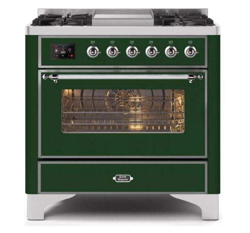 ILVE - Majestic II Series - 36 Inch Dual Fuel Freestanding Range Gas/Propane (UM09FDNS3) - Emerald Green Chrome Trim