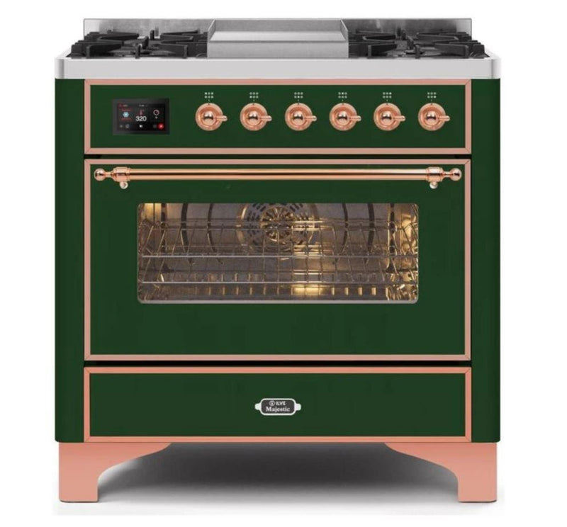 ILVE - Majestic II Series - 36 Inch Dual Fuel Freestanding Range Gas/Propane (UM09FDNS3) - Emerald Green Copper Trim