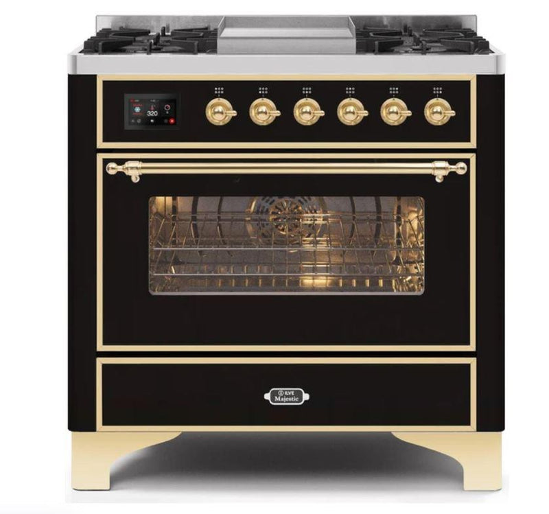 ILVE - Majestic II Series - 36 Inch Dual Fuel Freestanding Range Gas/Propane (UM09FDNS3) - Glossy Black with BrassTrim