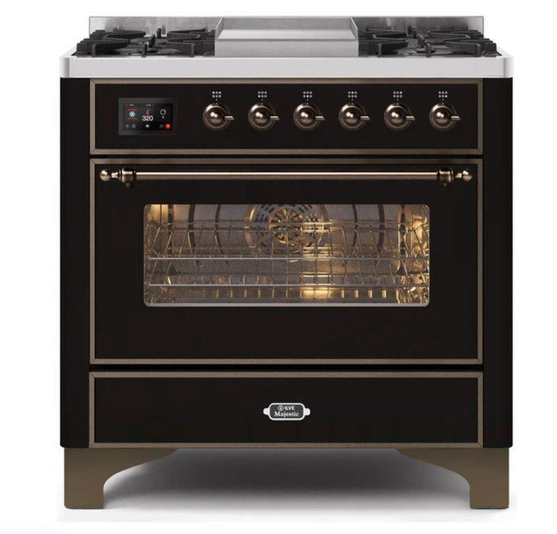 ILVE - Majestic II Series - 36 Inch Dual Fuel Freestanding Range Gas/Propane (UM09FDNS3) - Glossy Black with Bronze Trim