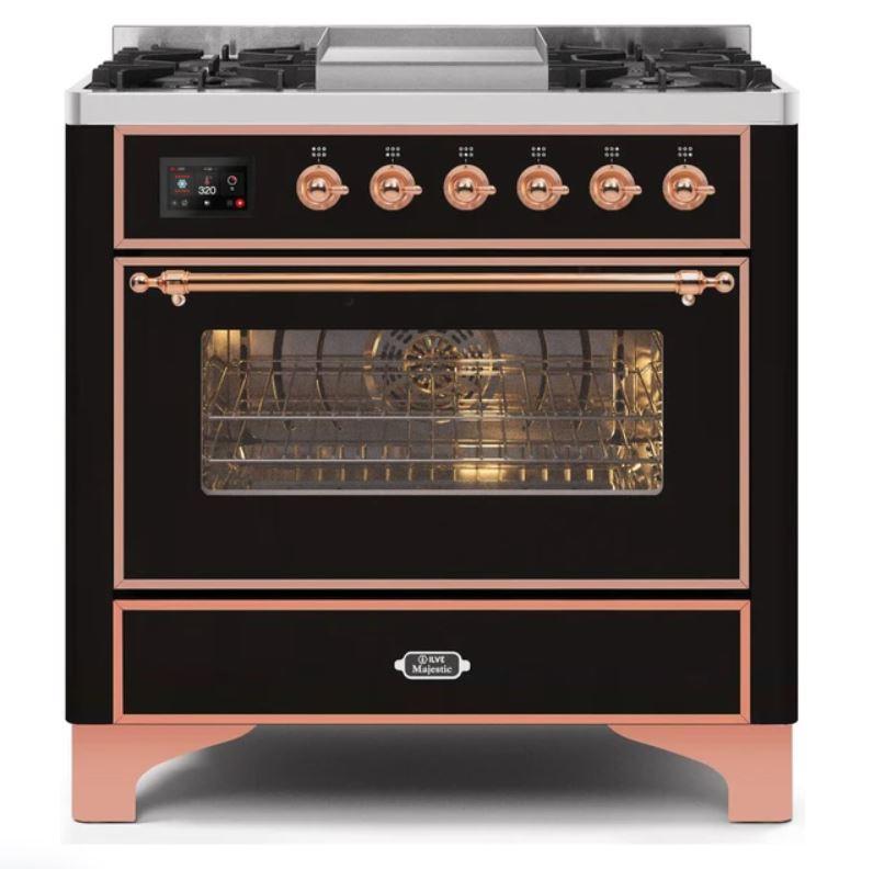 ILVE - Majestic II Series - 36 Inch Dual Fuel Freestanding Range Gas/Propane (UM09FDNS3) - Glossy Black with Copper Trim