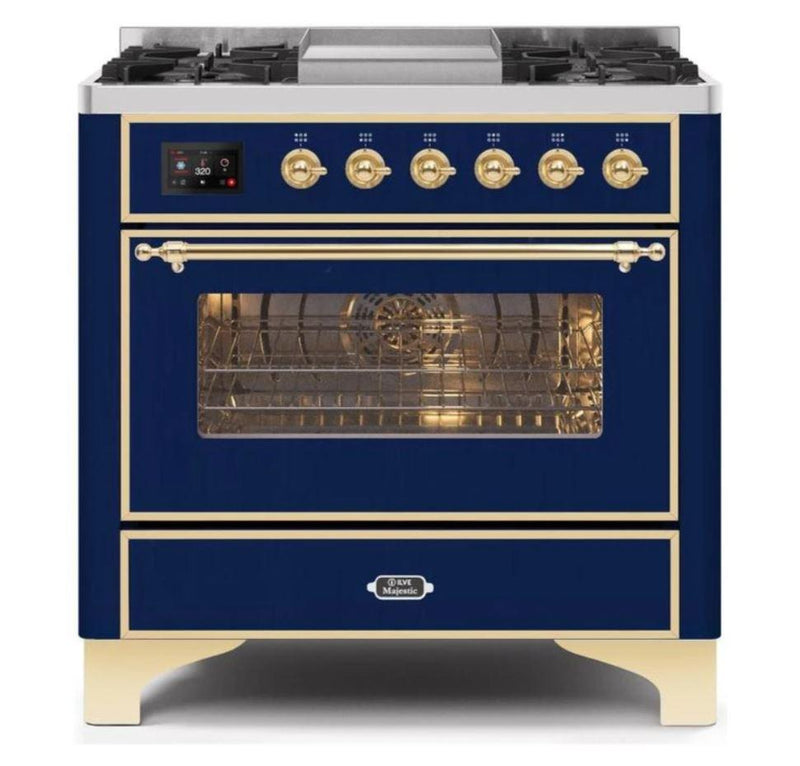 ILVE - Majestic II Series - 36 Inch Dual Fuel Freestanding Range Gas/Propane (UM09FDNS3) - Midnight Blue Brass Trim