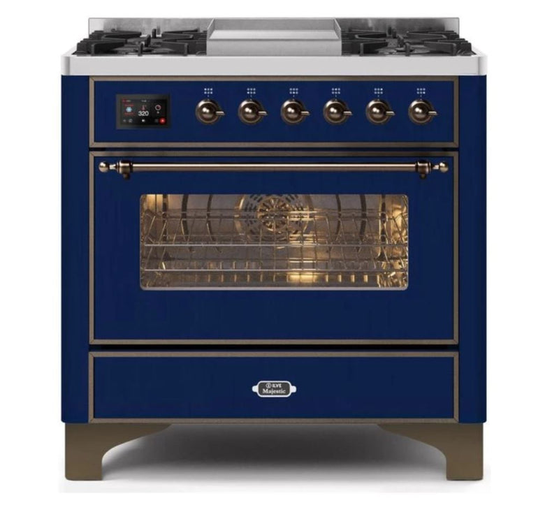 ILVE - Majestic II Series - 36 Inch Dual Fuel Freestanding Range Gas/Propane (UM09FDNS3) - Midnight Blue Bronze Trim