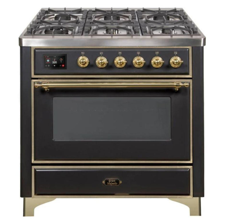 ILVE - Majestic II Series - 36 Inch Dual Fuel Freestanding Range Gas/Propane (UM09FDNS3) - Matte Graphite  Brass Trim