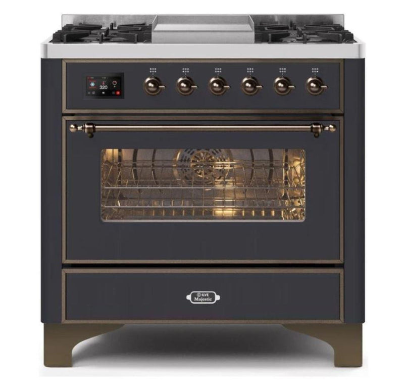 ILVE - Majestic II Series - 36 Inch Dual Fuel Freestanding Range Gas/Propane (UM09FDNS3) - Matte Graphite  Bronze Trim