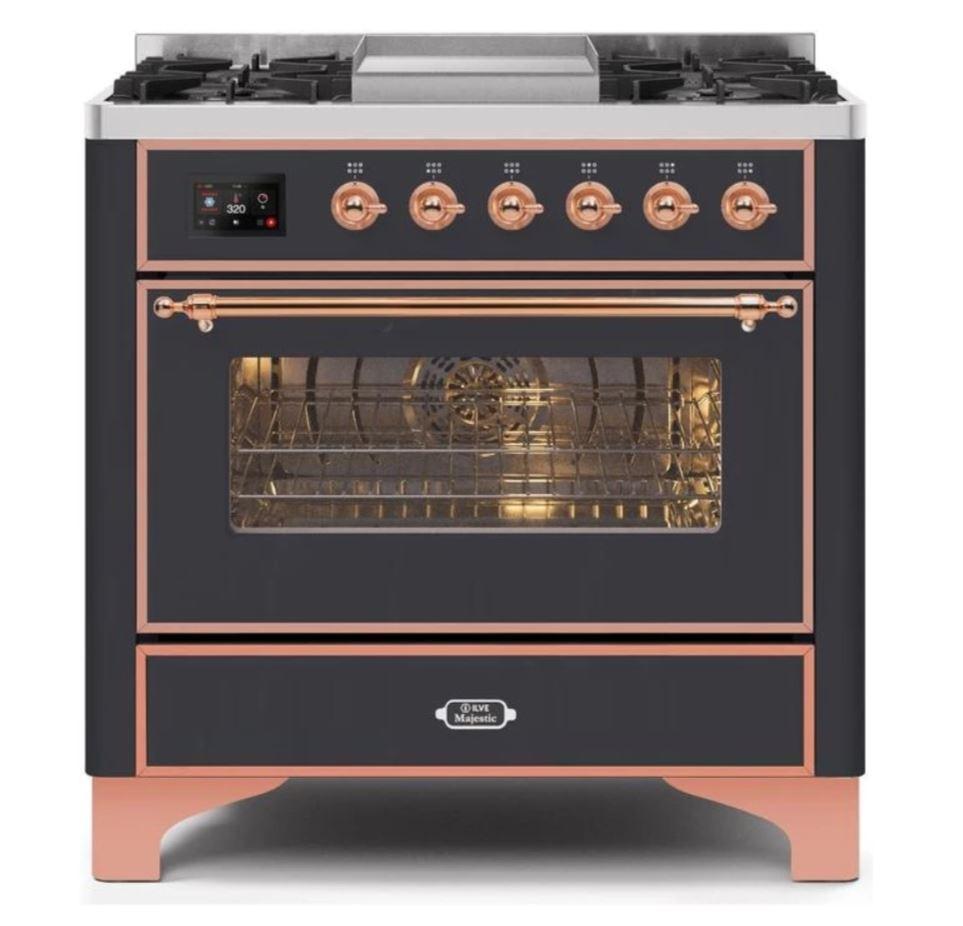 ILVE - Majestic II Series - 36 Inch Dual Fuel Freestanding Range Gas/Propane (UM09FDNS3) - Matte Graphite Copper Trim