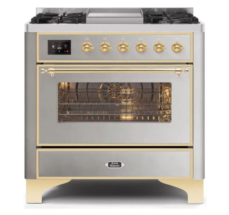 ILVE - Majestic II Series - 36 Inch Dual Fuel Freestanding Range Gas/Propane (UM09FDNS3) - Stainless Steel Brass Trim