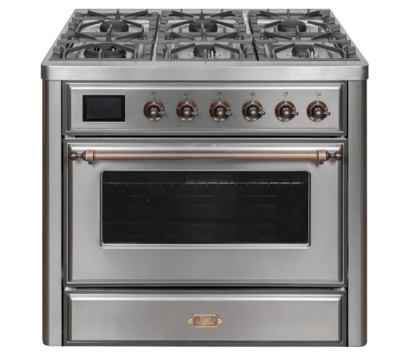 ILVE - Majestic II Series - 36 Inch Dual Fuel Freestanding Range Gas/Propane (UM09FDNS3) - Stainless Steel Bronze Trim