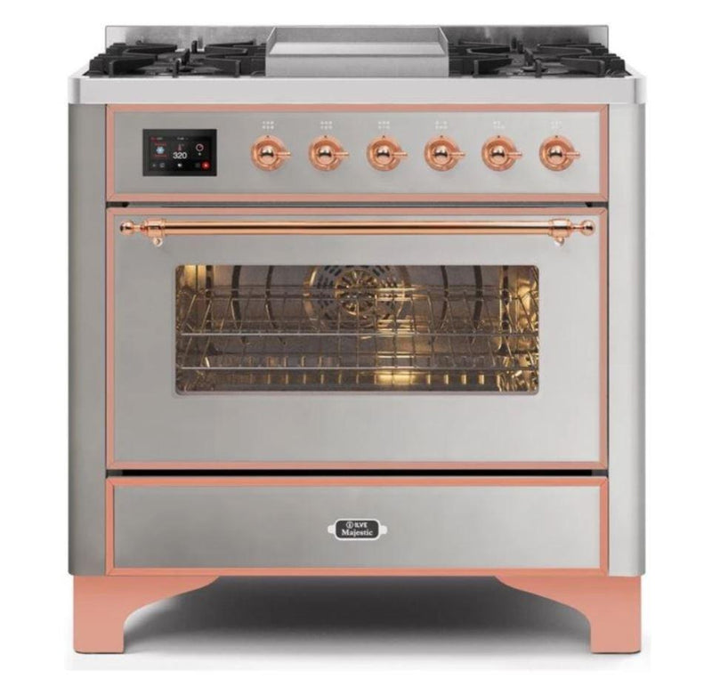 ILVE - Majestic II Series - 36 Inch Dual Fuel Freestanding Range Gas/Propane (UM09FDNS3) - Stainless Steel Copper Trim