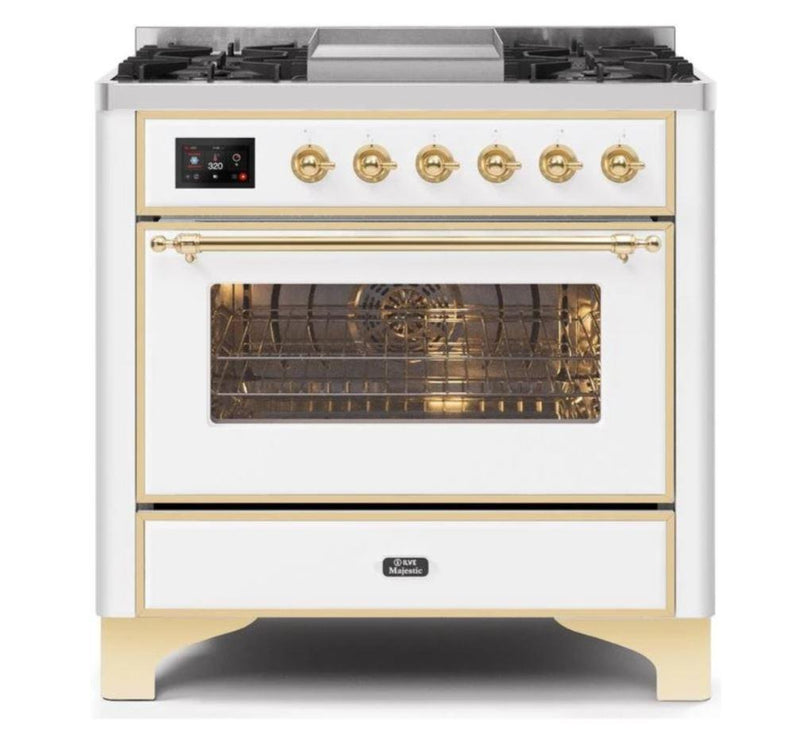 ILVE - Majestic II Series - 36 Inch Dual Fuel Freestanding Range Gas/Propane (UM09FDNS3) - White Brass Trim