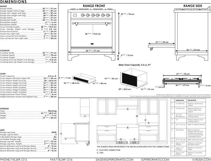 ILVE 36 Inch Majestic II Series Natural/ Propane Gas Burner Dimension Chart