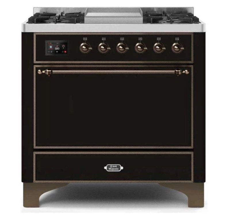 ILVE 36 Inch Majestic II Series Natural/ Propane Gas Burner and Electric Oven Range with 6 Sealed Burners (UM09FDQNS3) - Glossy Black with Bronze Trim