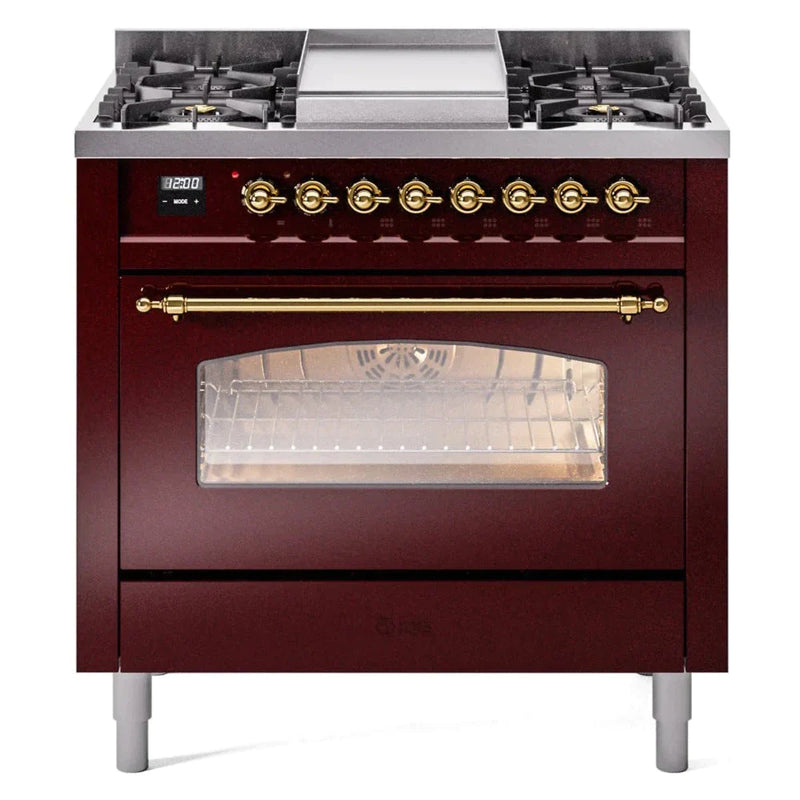 ILVE 36" Nostalgie II Series Freestanding Single Oven Dual Fuel Range with 5 Sealed Burners and Griddle 