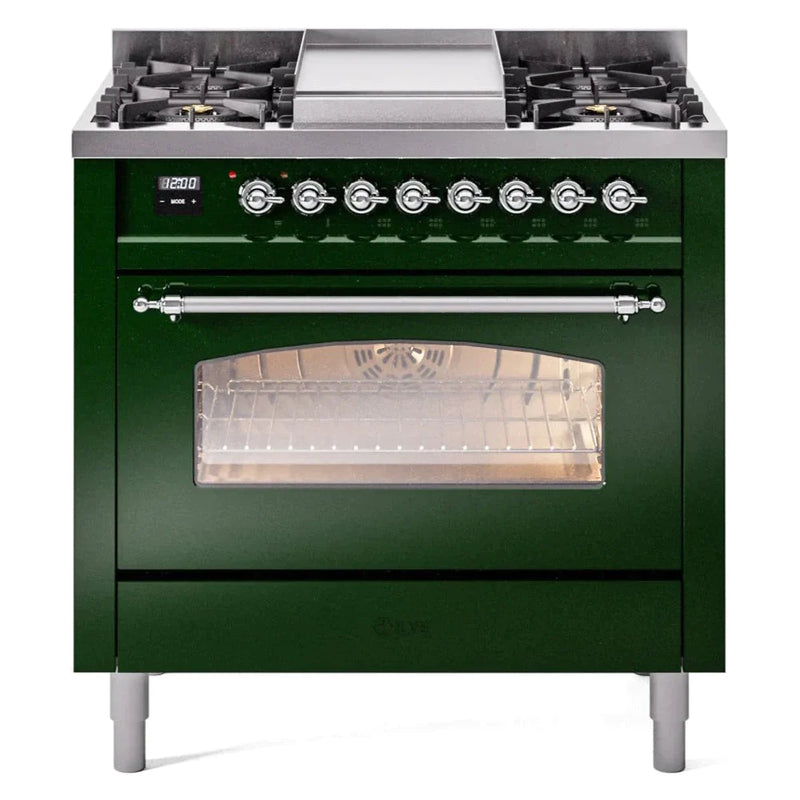 ILVE 36" Nostalgie II Series Freestanding Single Oven Dual Fuel Range with 5 Sealed Burners and Griddle 