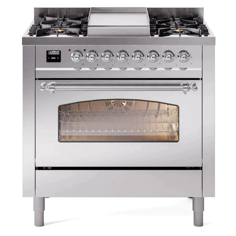 ILVE 36" Nostalgie II Series Freestanding Single Oven Dual Fuel Range with 5 Sealed Burners and Griddle 