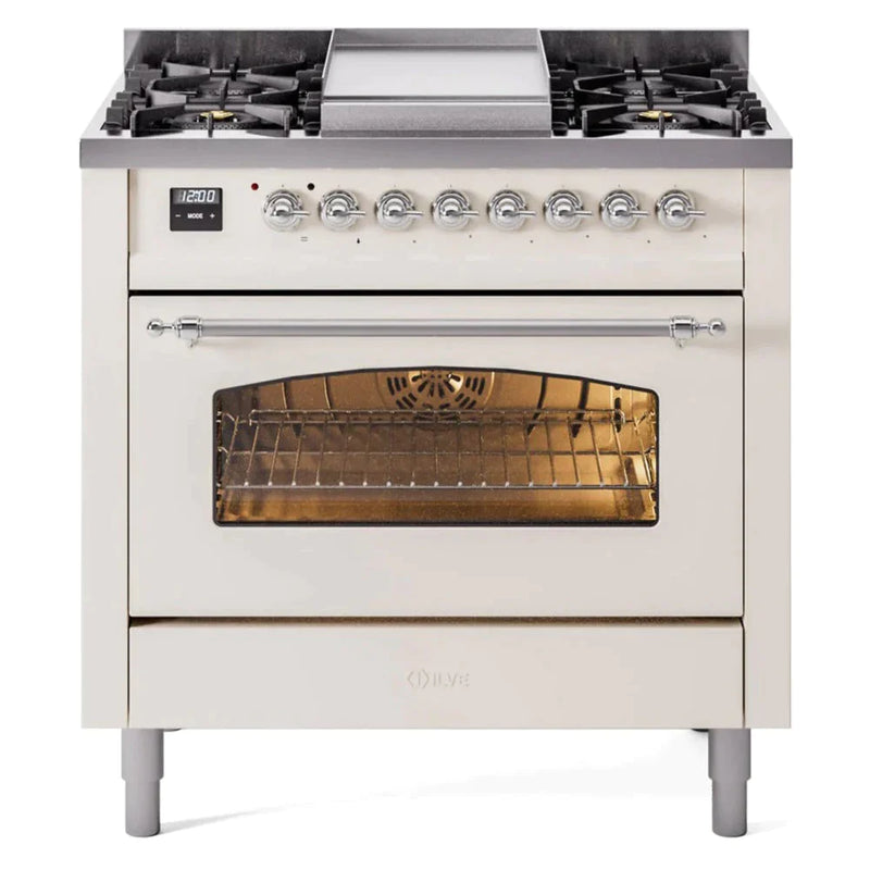 ILVE 36" Nostalgie II Series Freestanding Single Oven Dual Fuel Range with 5 Sealed Burners and Griddle 