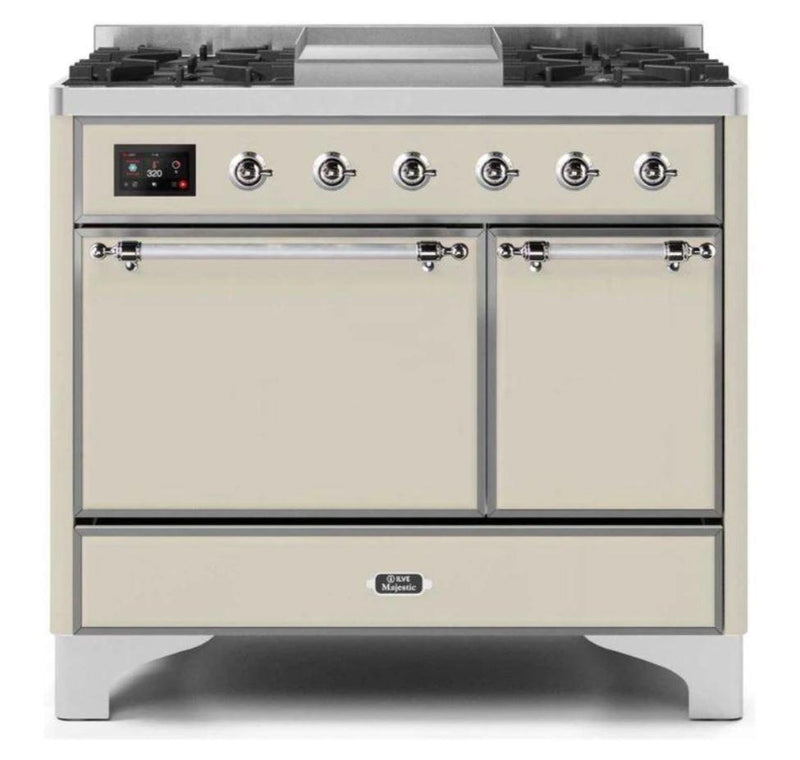 ILVE 40 Inch Majestic II Series Natural/ Propane Gas Burner and Electric Oven Range with 6 Sealed Burners (UMD10FDQNS3) - Antique White with Chrome Trim