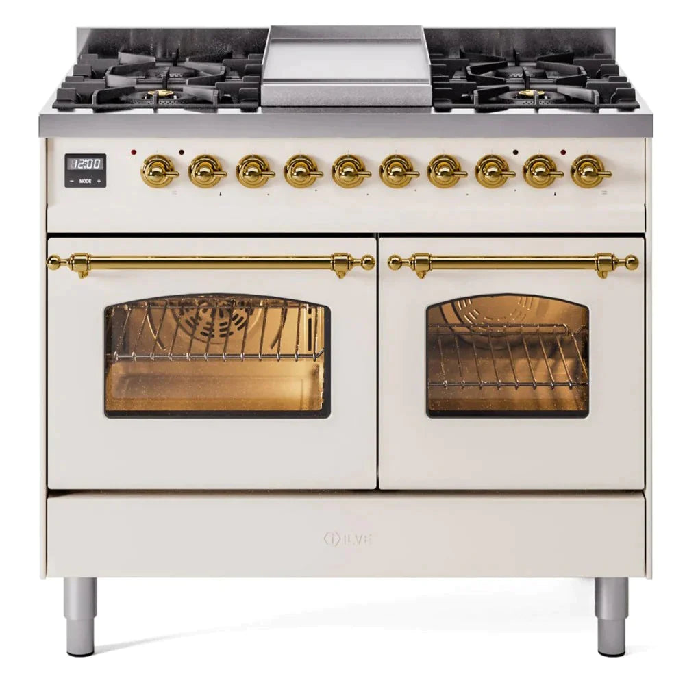 ILVE 40" Nostalgie II Series Freestanding Double Oven Dual Fuel Range with 6 Sealed Burners and Griddle 