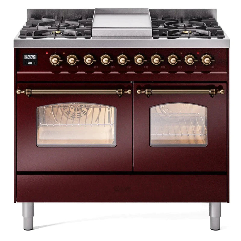 ILVE 40" Nostalgie II Series Freestanding Double Oven Dual Fuel Range with 6 Sealed Burners and Griddle 