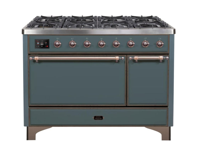 ILVE 48 Inch Majestic II Series Freestanding Dual Fuel Liquid Propane Range with 8 Sealed Brass Non Stick Coated Burners and Griddle (UM12FDQNS3)