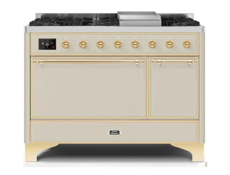 ILVE 48 Inch Majestic II Series Freestanding Dual Fuel Liquid Propane Range with 8 Sealed Brass Non Stick Coated Burners and Griddle (UM12FDQNS3)