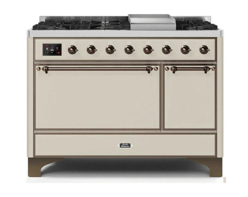 ILVE 48 Inch Majestic II Series Freestanding Dual Fuel Liquid Propane Range with 8 Sealed Brass Non Stick Coated Burners and Griddle (UM12FDQNS3)